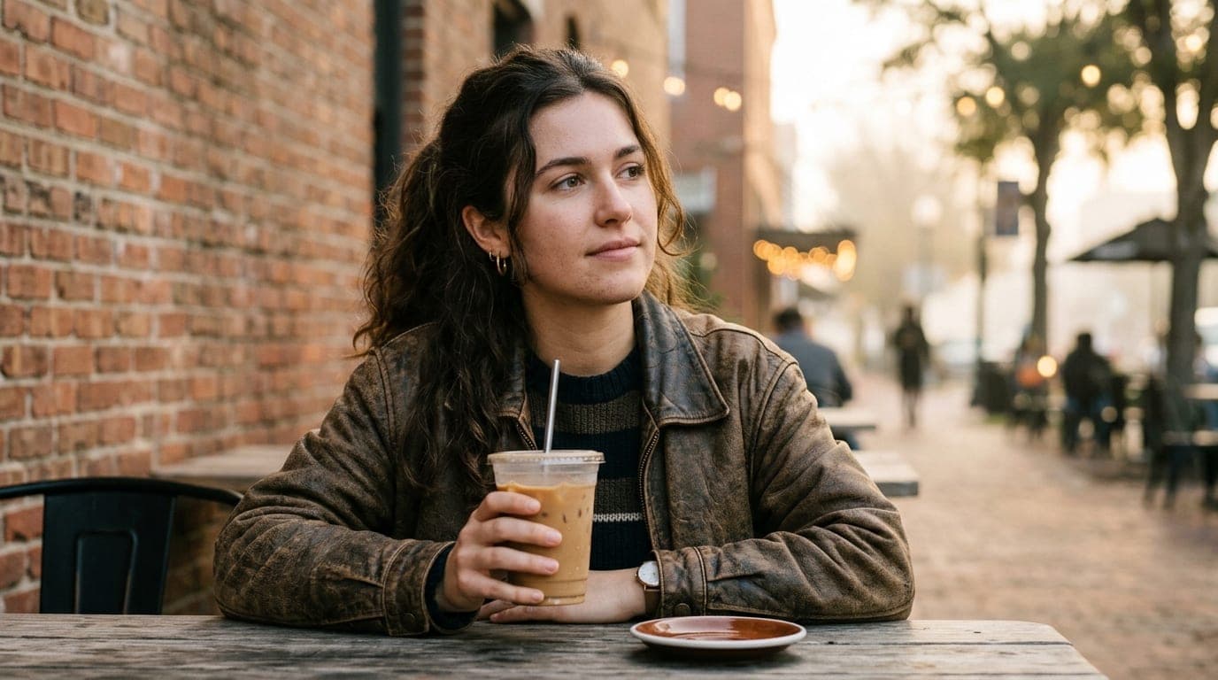 An 85mm portrait, offset left, captures a grad student in a worn leather jacket holding an iced coffee on a brick downtown...