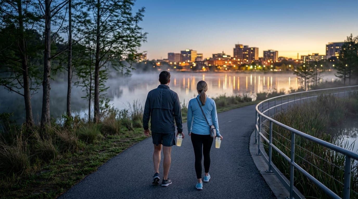 Over-the-shoulder wide-angle shot at blue hour, centered on a couple in athletic wear holding cold lemonades, walking alon...