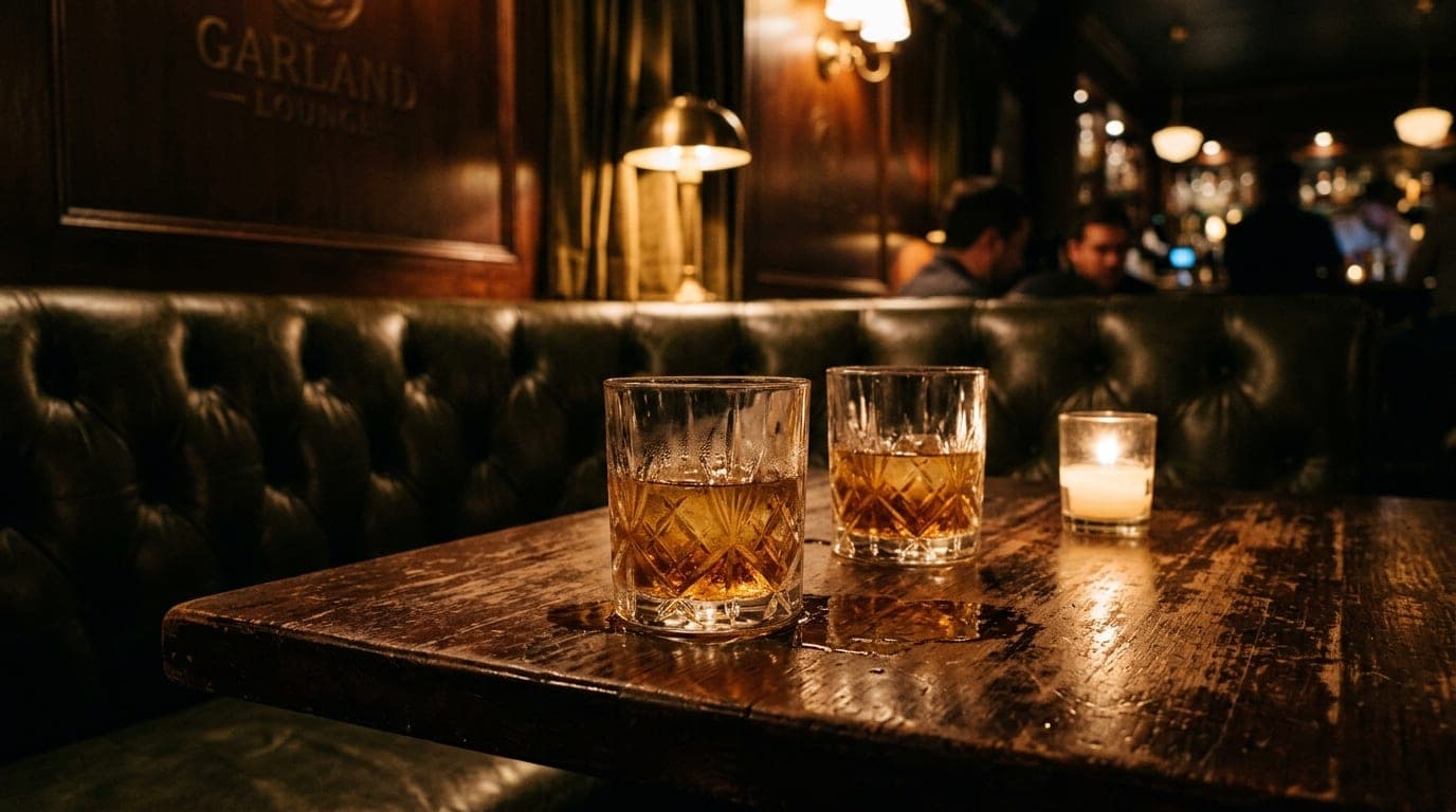A deep leather booth at a dimly lit Garland lounge. Two crystal tumblers of amber whiskey rest on the scarred wood table,...