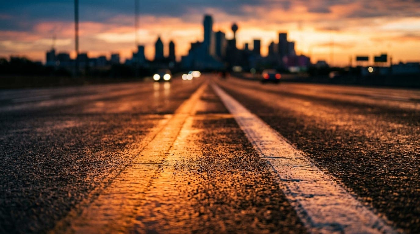 Extreme macro, selective focus on the glowing orange reflection of a golden hour sunset against the slick asphalt of the P...