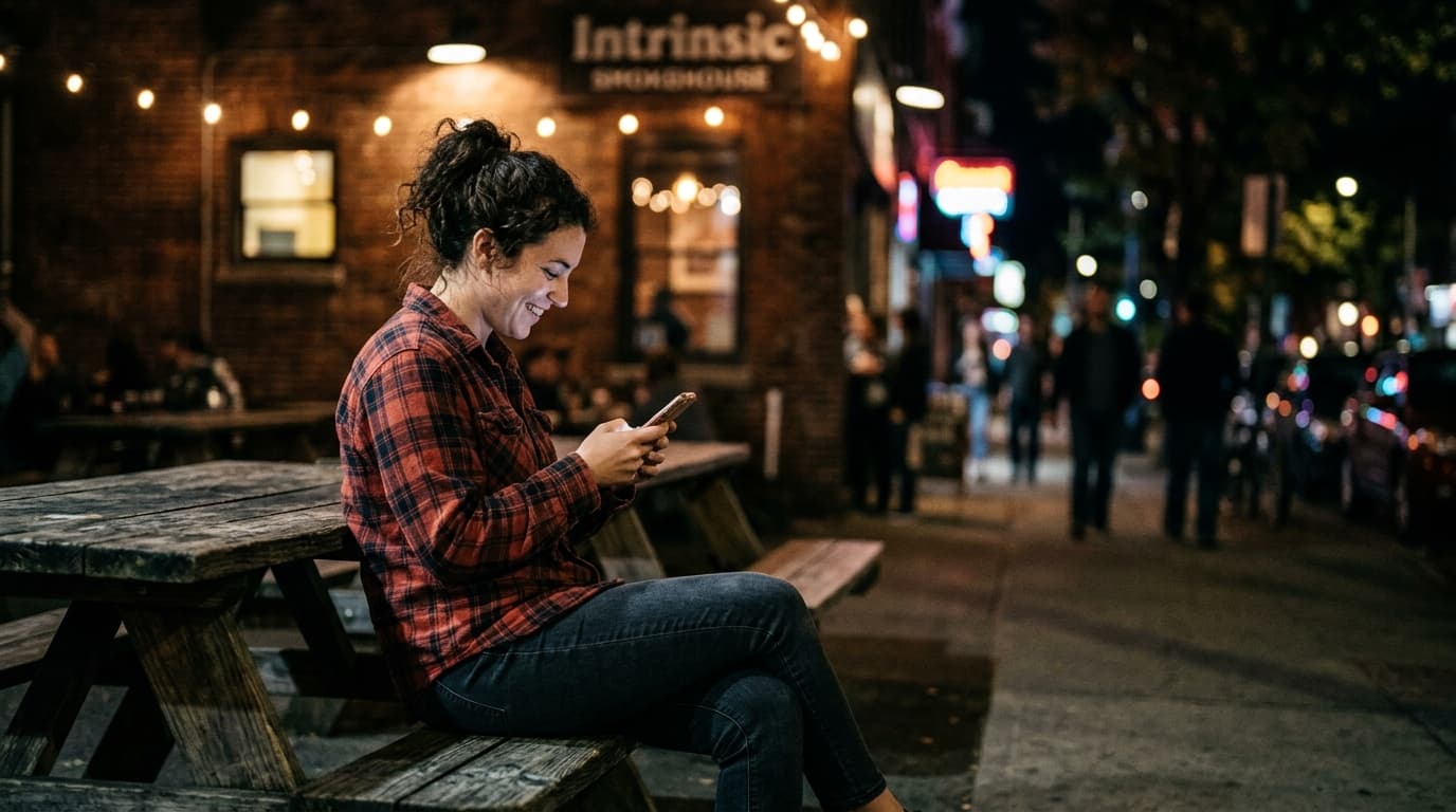 A woman in a flannel shirt sits on a weathered wooden picnic table at Intrinsic Smokehouse at night. She holds a glowing s...