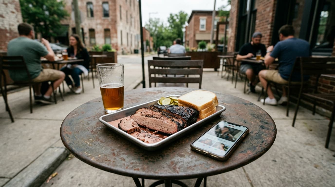 Centered overhead flat-lay on a weathered iron bistro table at Intrinsic Smokehouse. A half-finished craft beer, a metal t...