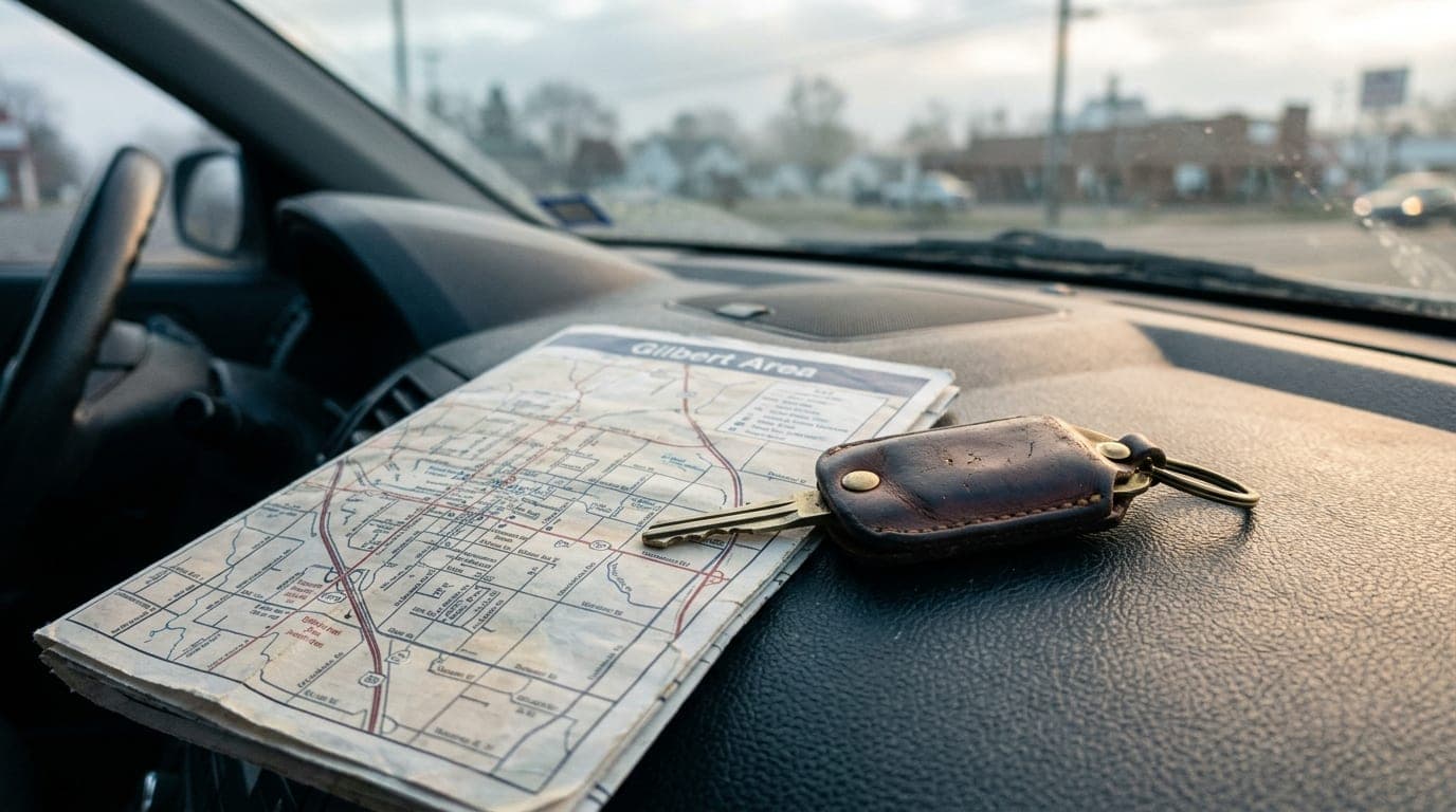 Overhead flat-lay of a leather car key fob and a folded local Gilbert area map on a sun-drenched dashboard, captured with...
