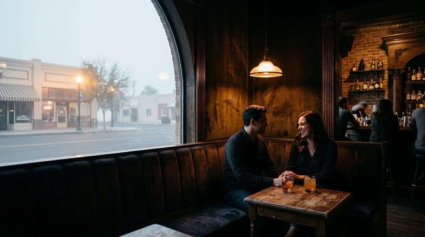 A couple sits in a dimly lit, velvet-walled corner of a Gilbert speakeasy, hands brushing near two amber cocktails. The wa...
