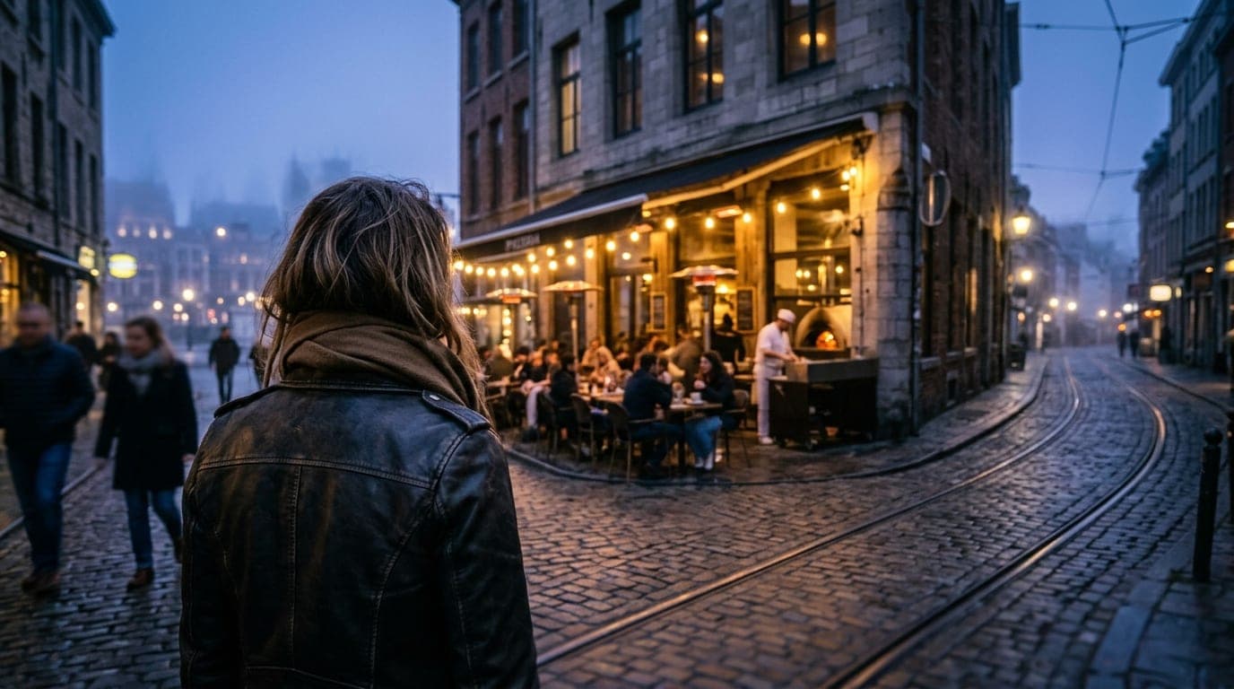 Over-the-shoulder view at blue hour, looking past a woman in a leather jacket toward a dimly lit, buzzing patio of a pizze...