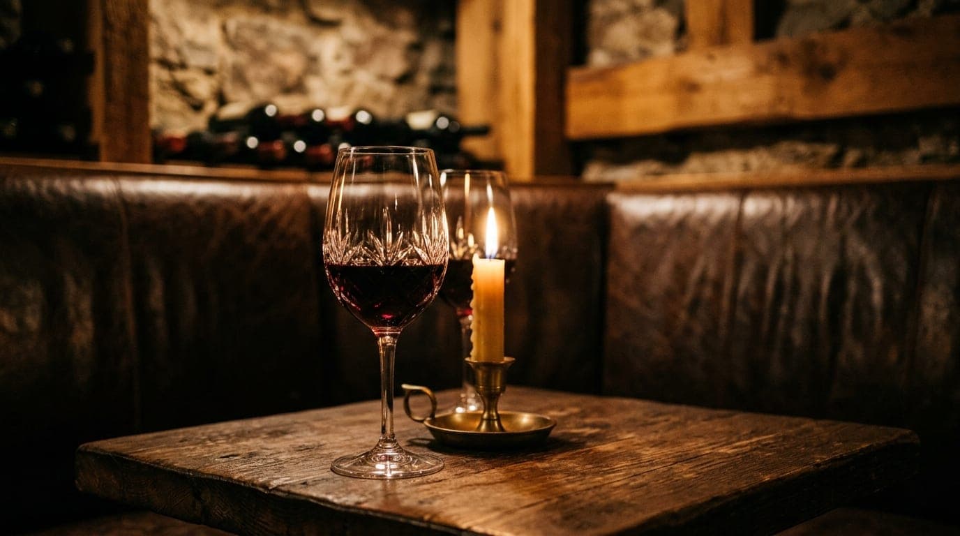 Medium shot, 100mm macro. A leather booth inside a dimly lit Grand Rapids wine cellar, focusing on a single, flickering ca...