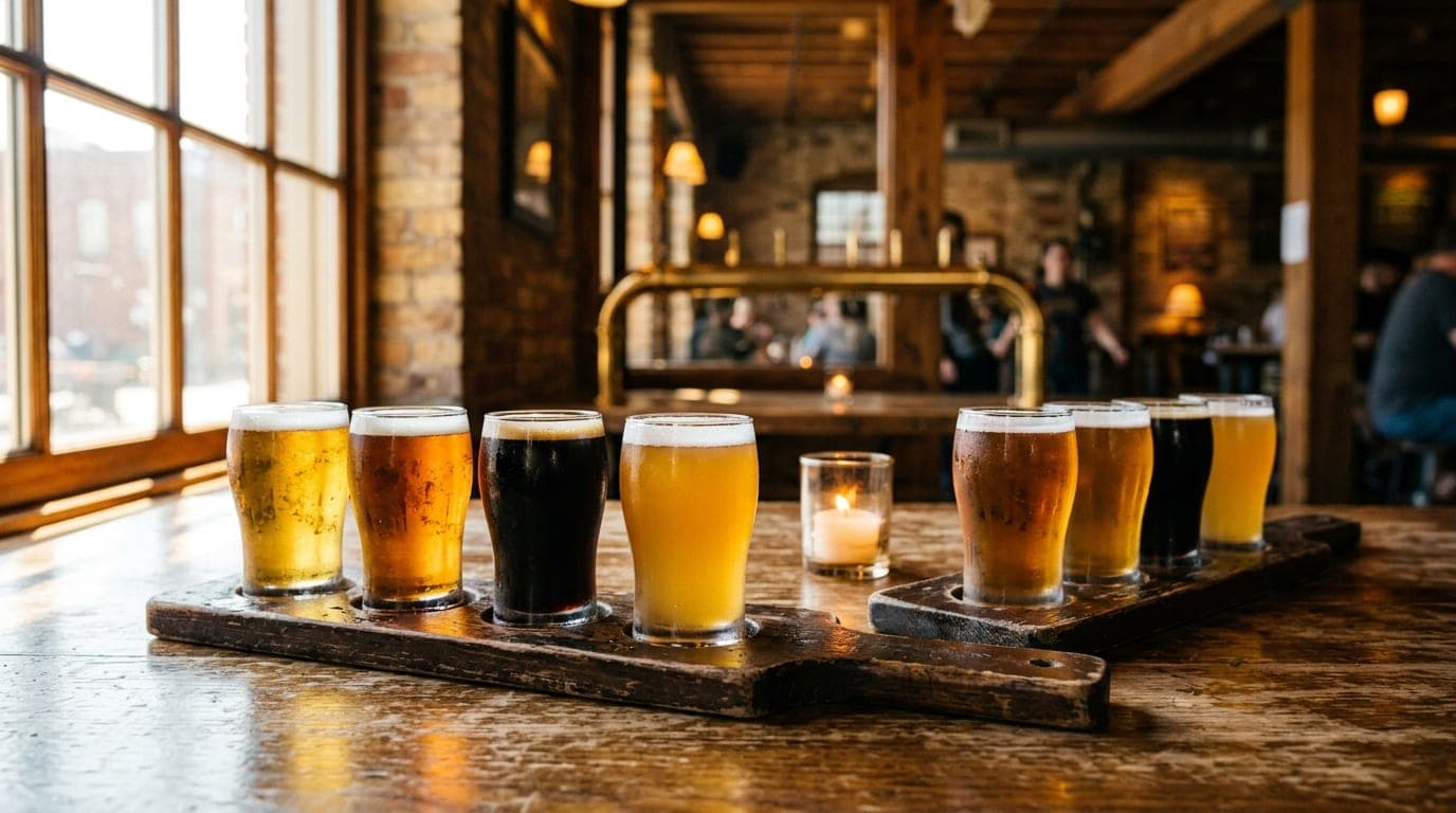 Close-up, tilt-shift focus on two chilled craft beer flights atop a weathered wooden table at Founders Brewing. Noon sun s...