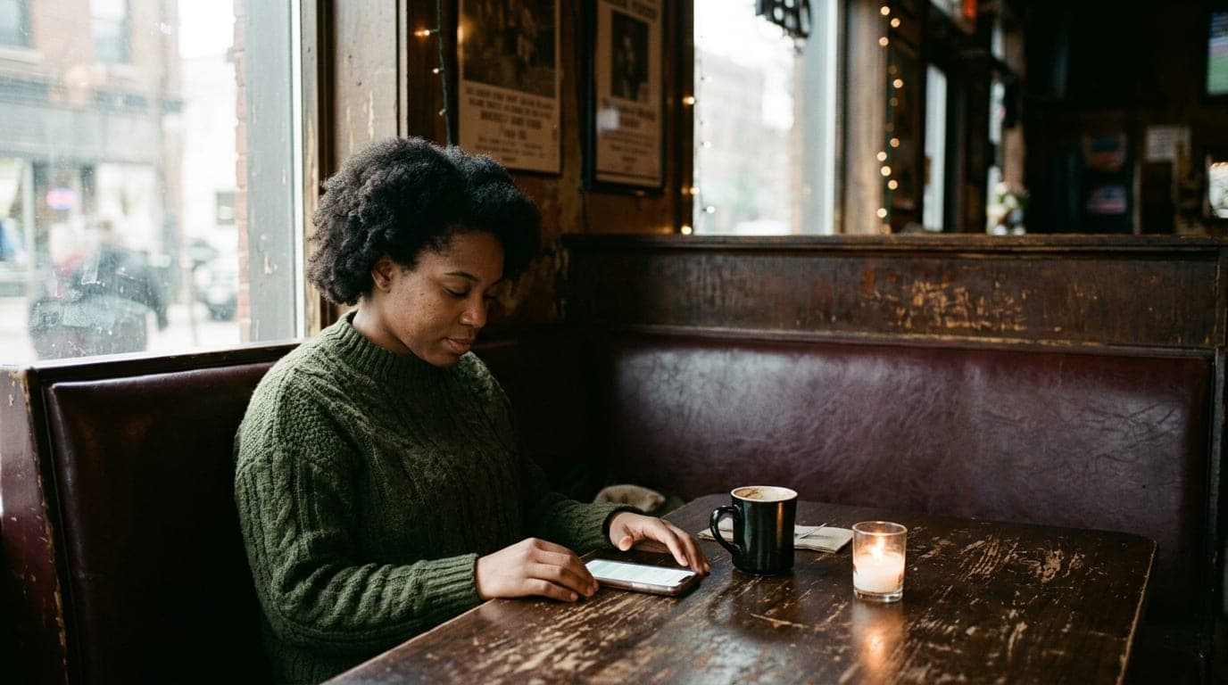 A woman in a thick wool sweater sits in a dimly lit, vinyl-walled booth at The Meanwhile. A glowing smartphone rests on th...