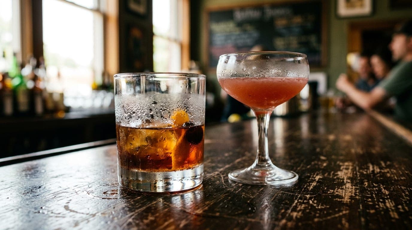 A close-up, 100mm macro shot shows two vibrant, half-empty cocktail glasses resting on a dark, scarred wooden bar at Buffa...