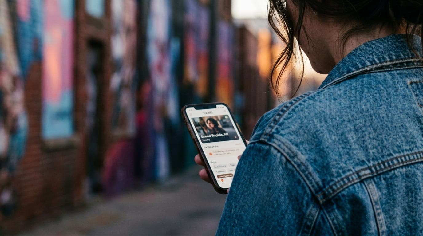 Over-the-shoulder, 100mm macro shot of a woman in a vintage denim jacket, smartphone screen showing a Feeld profile active...
