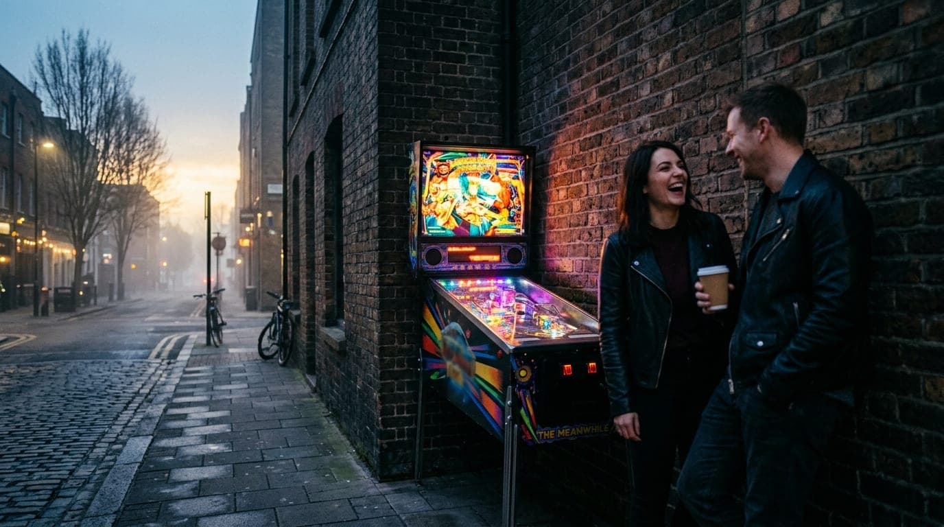 Low-angle hero shot of a neon-lit pinball machine flickering against a dark brick wall at The Meanwhile. A couple in leath...