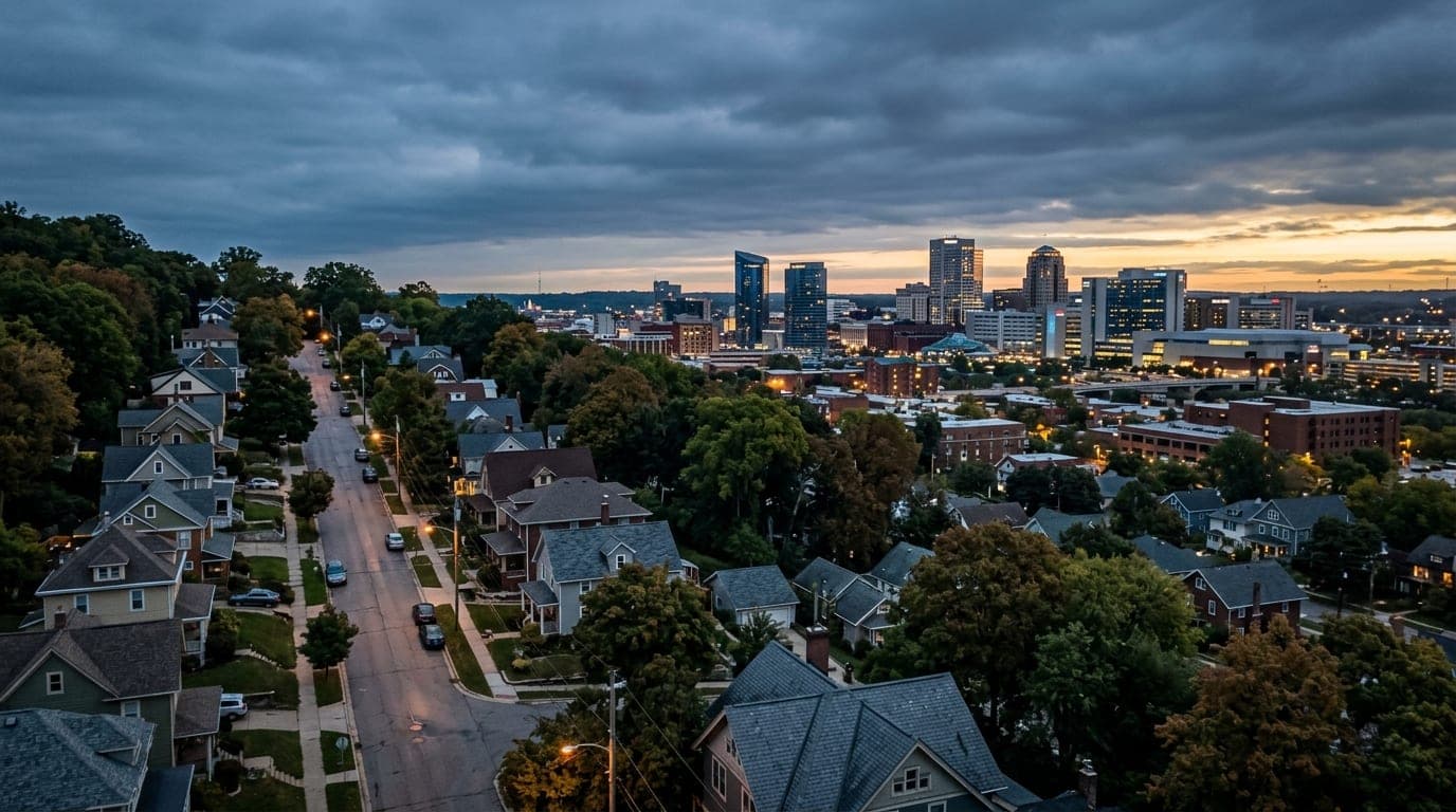 Overhead flat-lay of the Belknap Lookout neighborhood at overcast dawn. A narrow, winding residential street sits in the l...