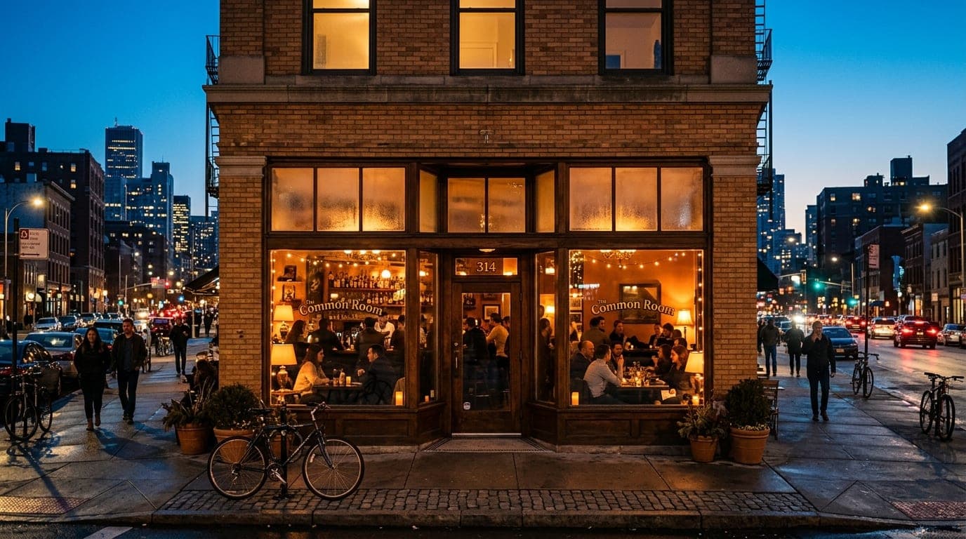 A wide-angle 24mm shot centered symmetrically on the warm, amber-lit facade of a Division Avenue brick storefront at dusk,...
