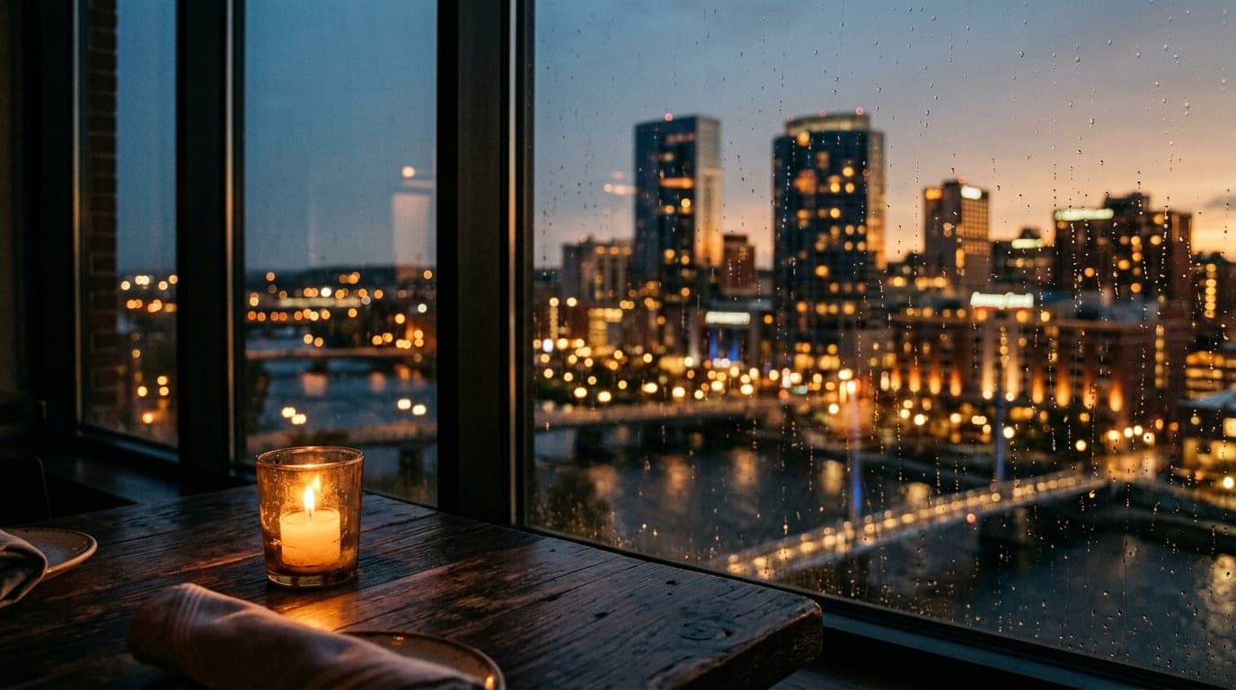 A warm candle flickers on a dark wood bistro table, foregrounded sharply. Beyond, the blurred, amber-lit skyline of Grand...