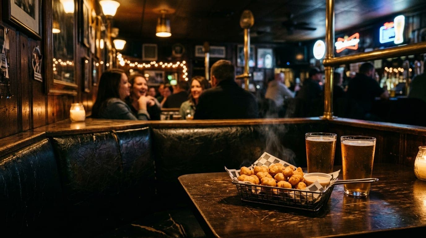 A low-angle, 35mm documentary shot of a dimly lit booth in a Green Bay dive bar. A steaming basket of cheese curds sits ne...