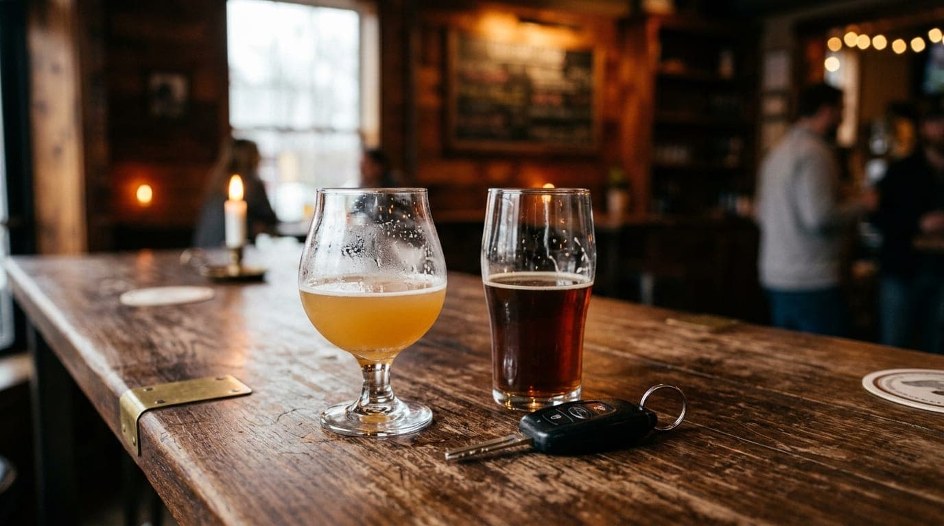 85mm portrait, shallow depth of field. An overcast morning light spills over a rustic wooden high-top table at a Broadway...