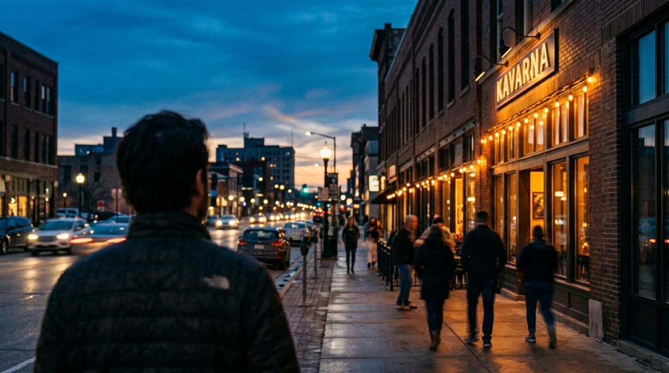 The soft glow of Kavarna’s exterior lights warms the sidewalk at dusk. A blurred street scene creates depth, highlighting...