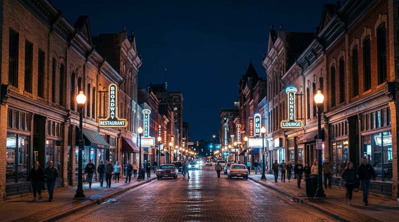 A symmetric, low-angle 24mm wide-angle shot of the illuminated Broadway District street signs and storefronts at midnight,...