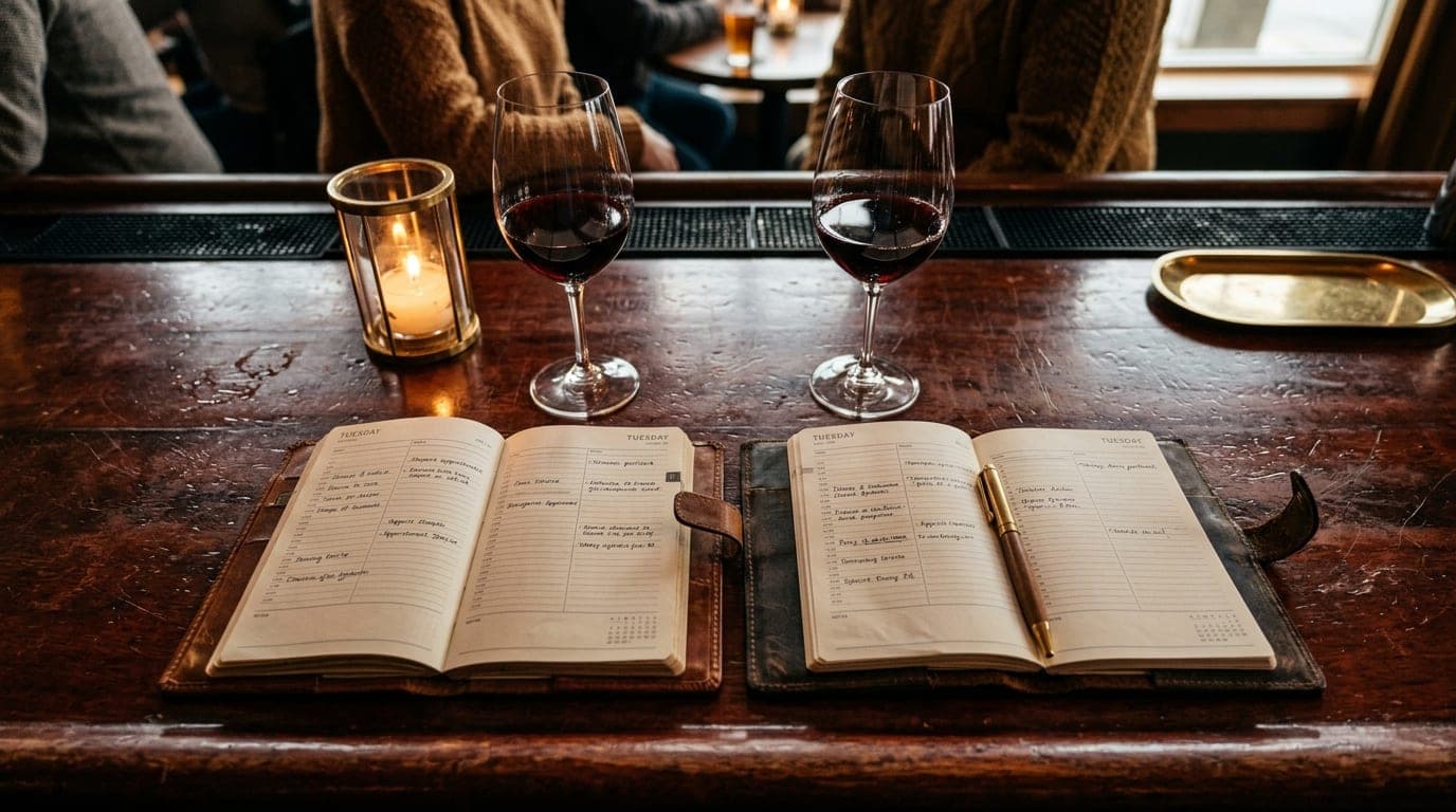 Overhead flat-lay of two leather-bound planners resting on a polished mahogany bar, each open to a Tuesday schedule, along...