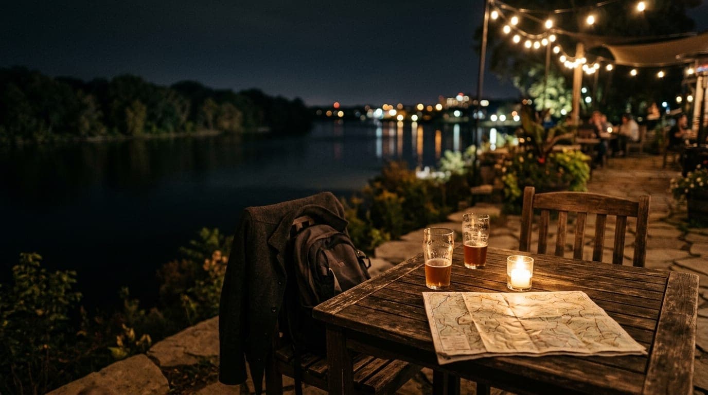 A wide 50mm shot of a secluded outdoor patio table overlooking the Fox River at night. Two half-empty craft beer glasses s...