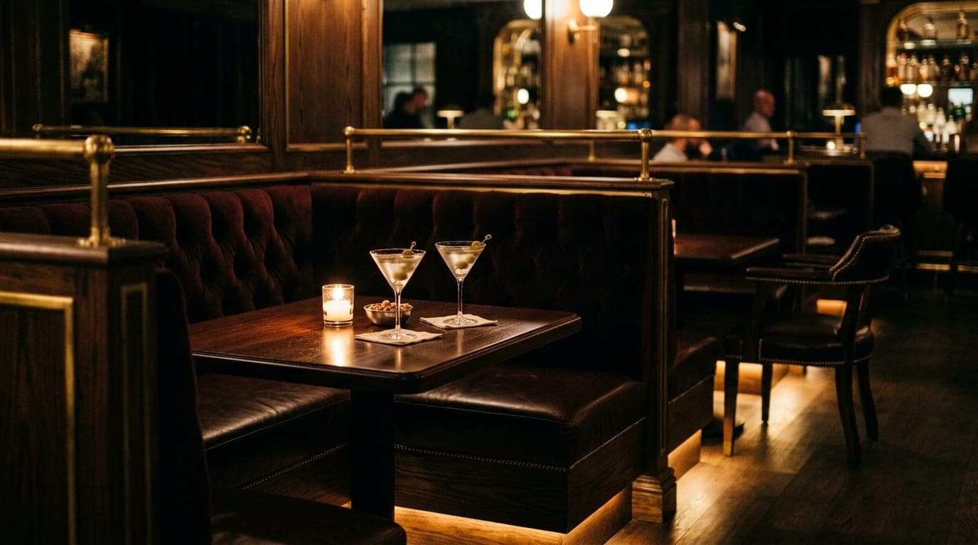 Low-angle hero shot of a dark corner booth at a Grandover lounge. Two untouched martinis rest on the mahogany table, illum...