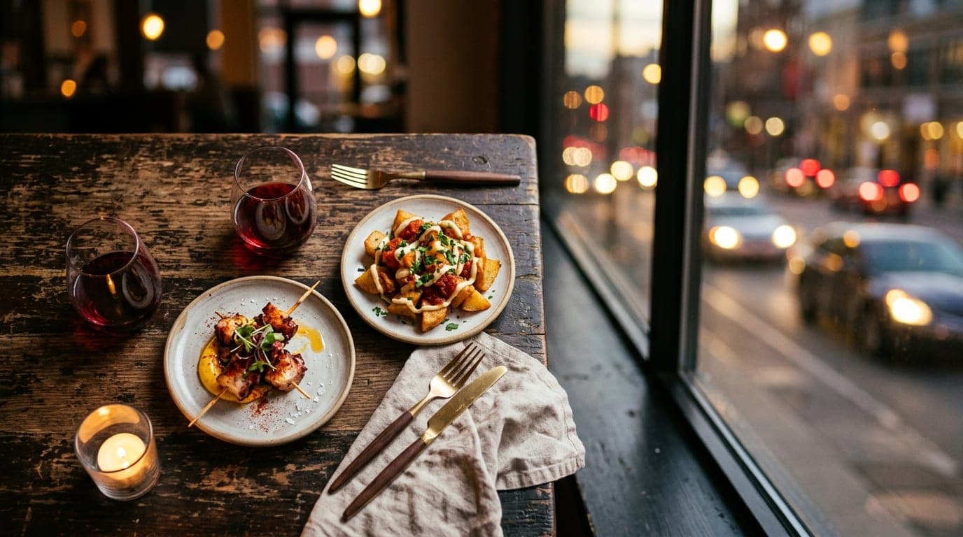 An 85mm portrait shot, shallow depth of field. A high-top table at a local eatery features two plates of gourmet tapas and...