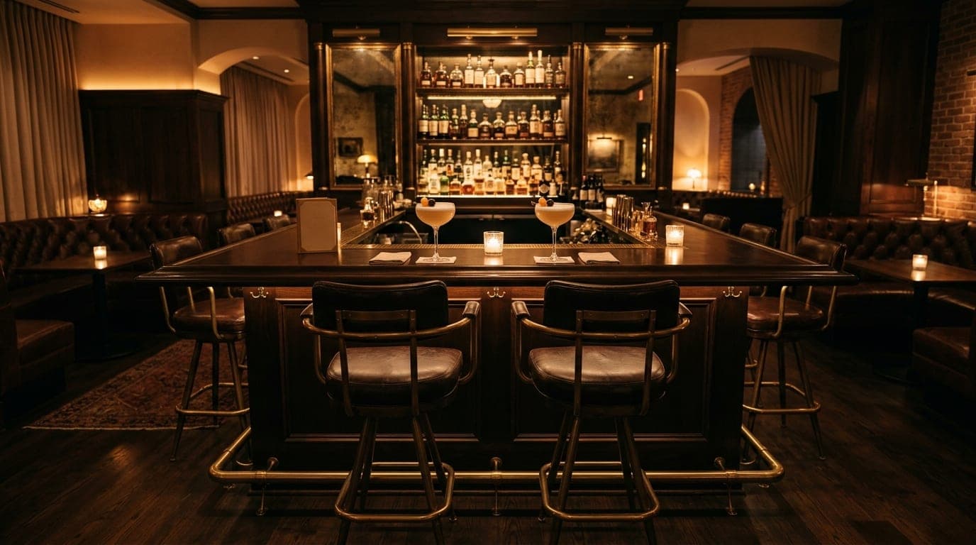 A wide, symmetric shot inside a dimly lit cocktail lounge. Two empty leather bar stools face the counter, each featuring a...