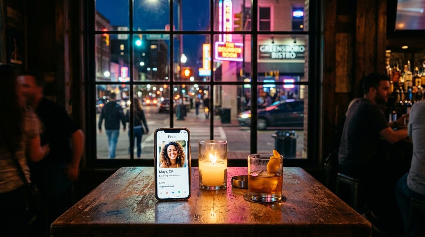 A 24mm medium shot centered symmetrically on a candle-lit pub table in downtown Greensboro. A smartphone displaying a Feel...