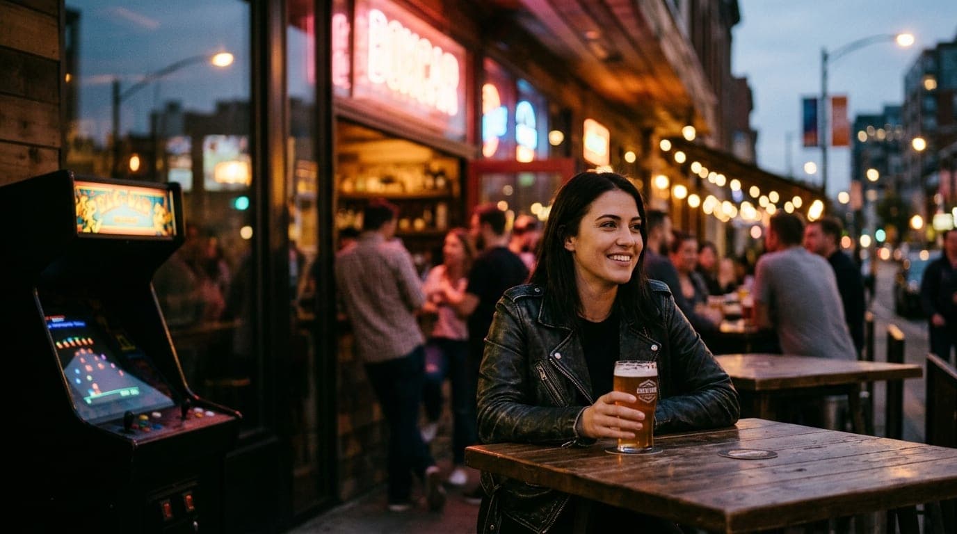 A woman in a leather jacket sits at a high-top table at Boxcar, holding a glass of craft beer. In the lower third, a vinta...