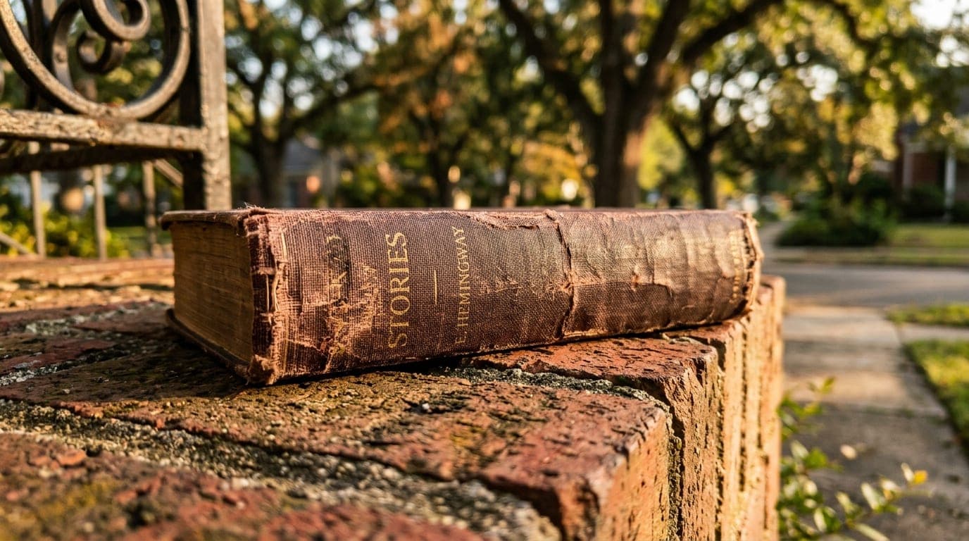 An extreme close-up macro of a vintage book spine resting on a weathered Fisher Park brick stoop, sun-drenched in golden h...