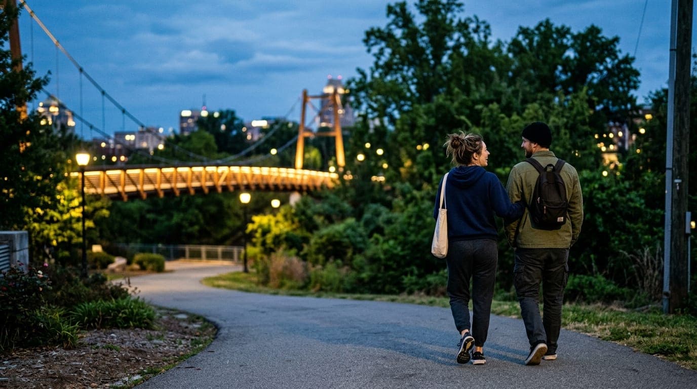 A couple in casual streetwear walks along the Downtown Greenway at blue hour. The LoFi Park bridge glows in the background...