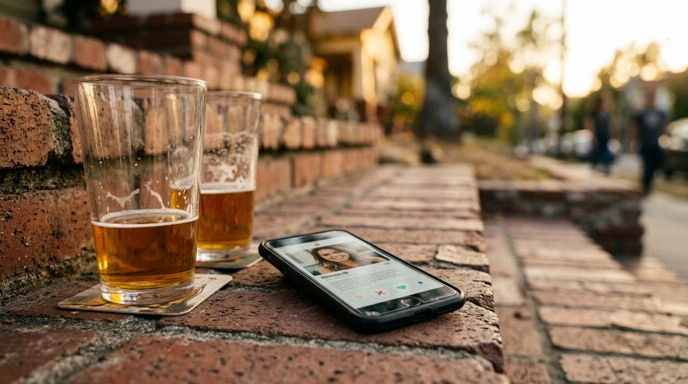 Golden hour sunlight hits a weathered brick stoop in Sunset Hills. A smartphone screen displays a dating app profile, rest...