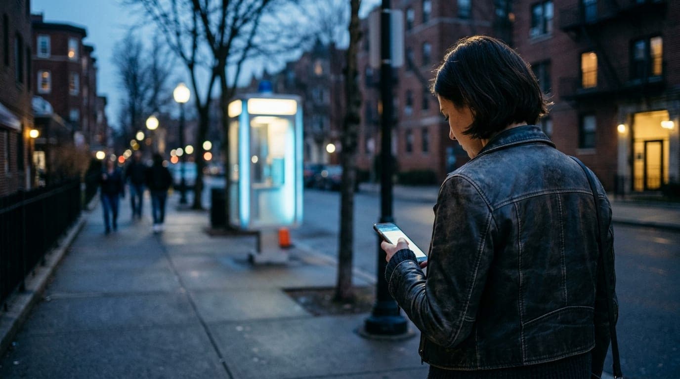 Blue hour on Elm Street, shot over the shoulder of a woman in a leather jacket. She checks her phone; in the blurred backg...