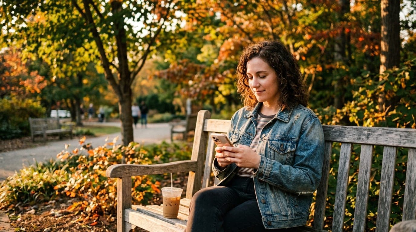 A woman sits on a wooden bench at the Greensboro Arboretum, holding a glowing smartphone. Golden hour sunlight filters thr...