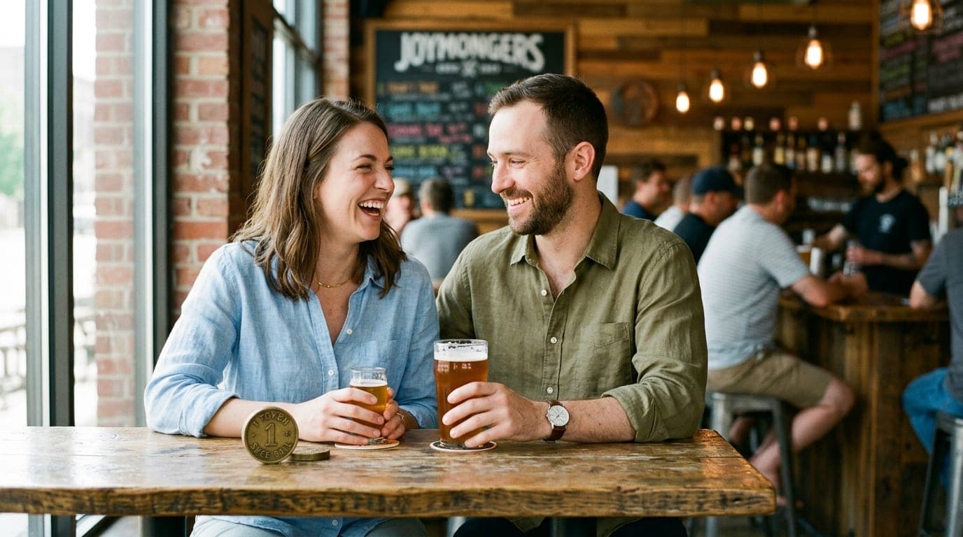 A couple shares a craft beer at a high-top table inside Joymongers. Bright noon sunlight streams through the window, illum...