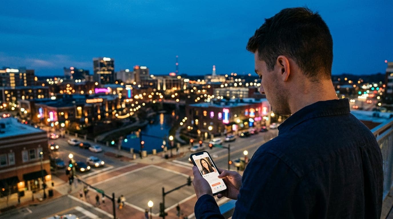 Over-the-shoulder perspective at blue hour. A man in a dark linen shirt gazes at a smartphone screen displaying a profile,...