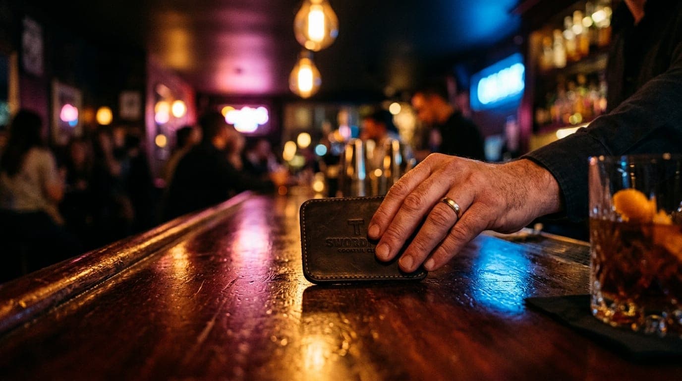 A low-angle, 100mm macro close-up of a hand sliding a dark leather coaster across a dim, polished mahogany bar at The Swor...
