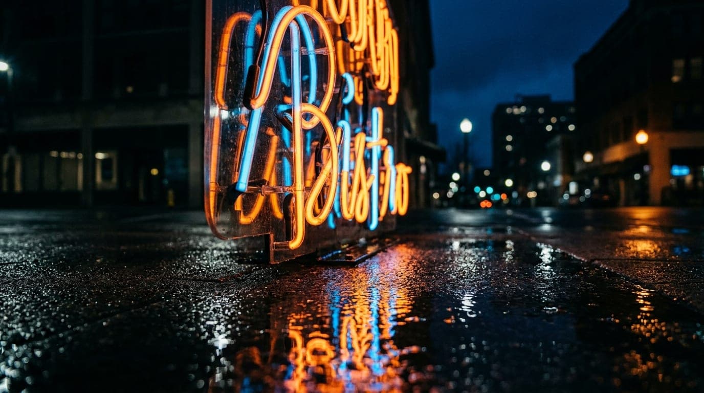 A low-angle, tight-crop macro shot of the glowing neon signage of a Main Street bistro at midnight, reflecting vibrant pin...