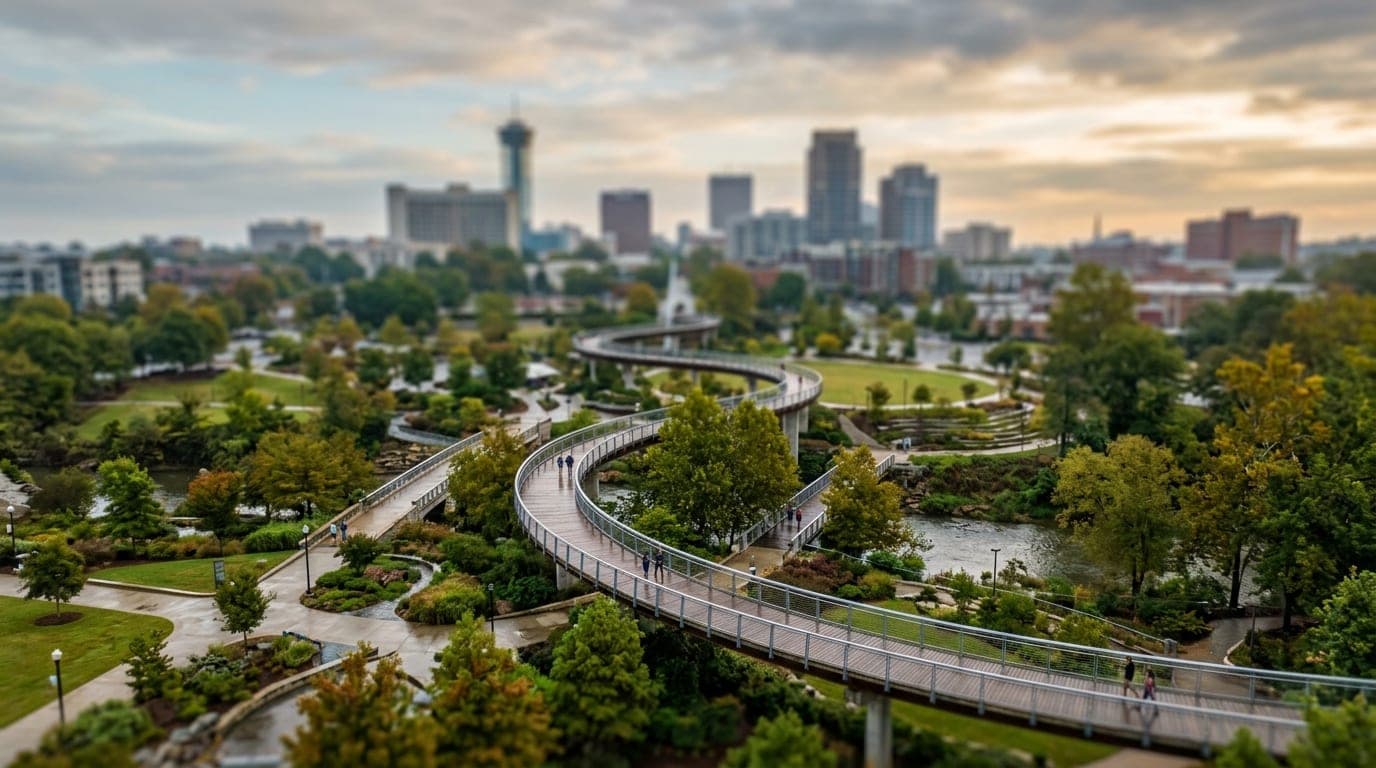 A tilt-shift, overhead flat-lay of Unity Park’s winding pedestrian bridges during an overcast morning. Leading lines of th...