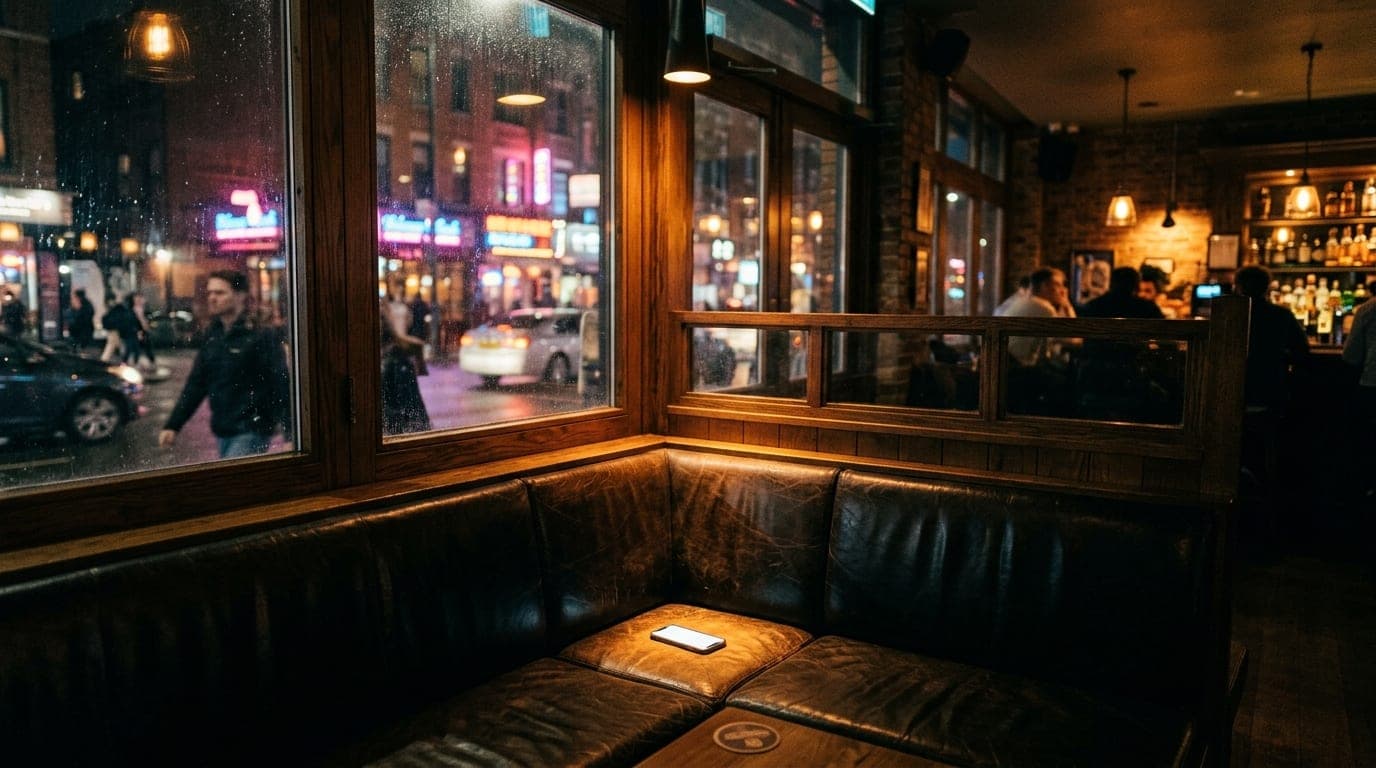 A wide shot of a glowing corner booth at The Velo Fellow at night. A lone smartphone screen illuminates a leather seat in...