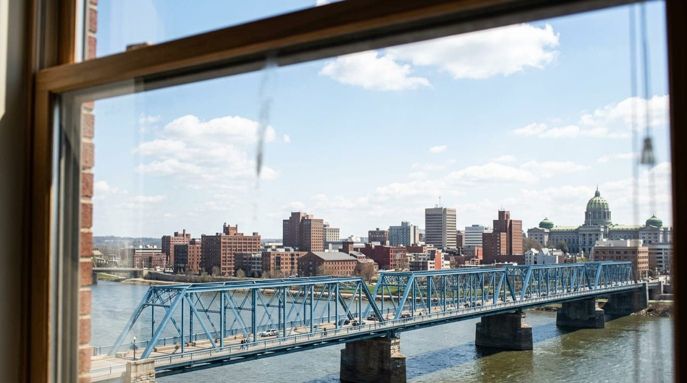 A 50mm close-up through a window at noon captures the Walnut Street Bridge in the lower third, with the Susquehanna River...