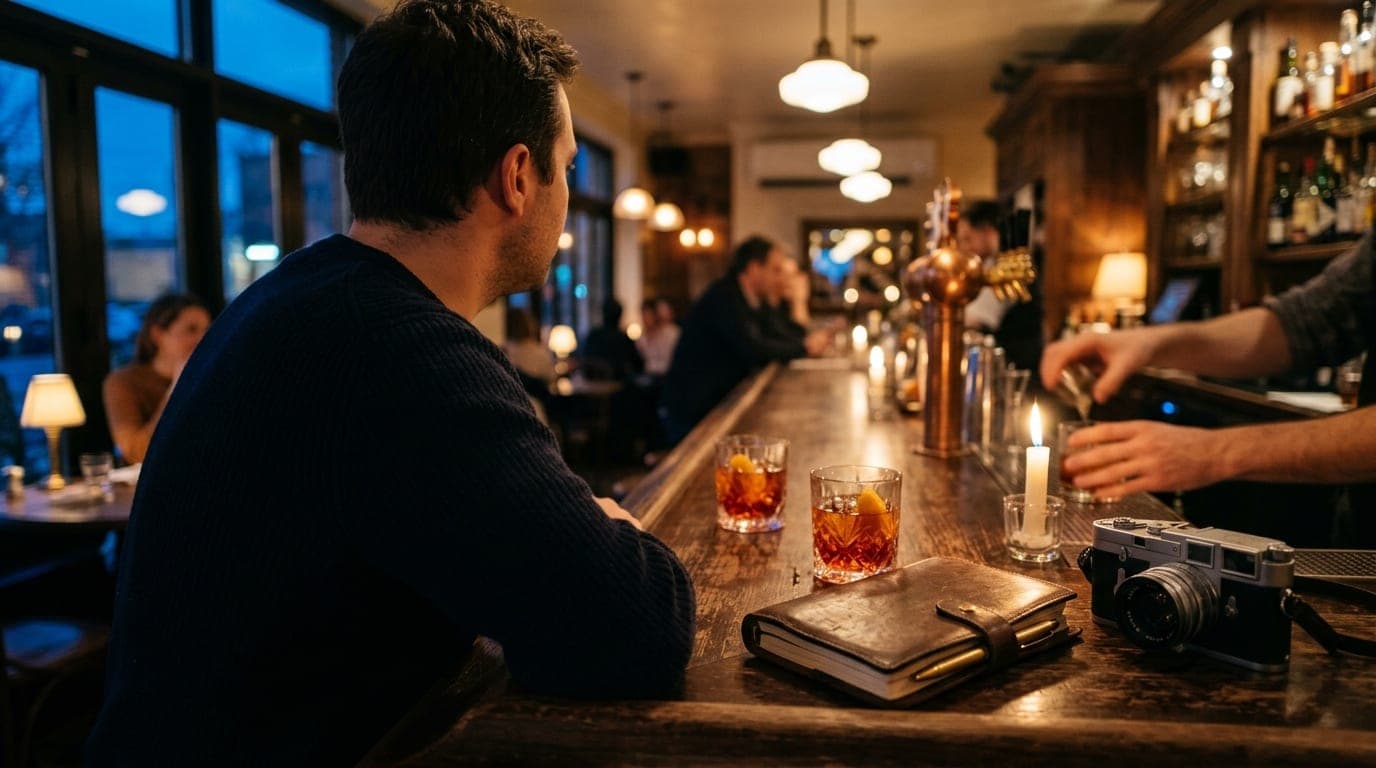 Over-the-shoulder perspective at a dim Midtown bistro bar. A Sunday evening glow illuminates two half-poured Negronis, a l...