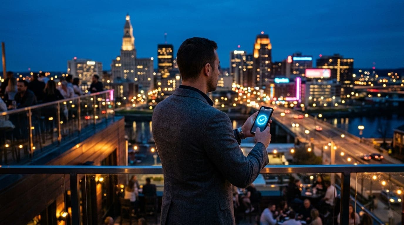 A professional man in a tailored charcoal blazer stands on a downtown Hartford balcony, blue checkmark glowing on his smar...