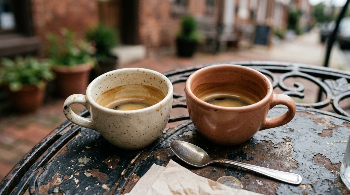 A 100mm macro shot captures two ceramic espresso cups resting on a weathered wrought-iron bistro table on Pratt Street, ba...