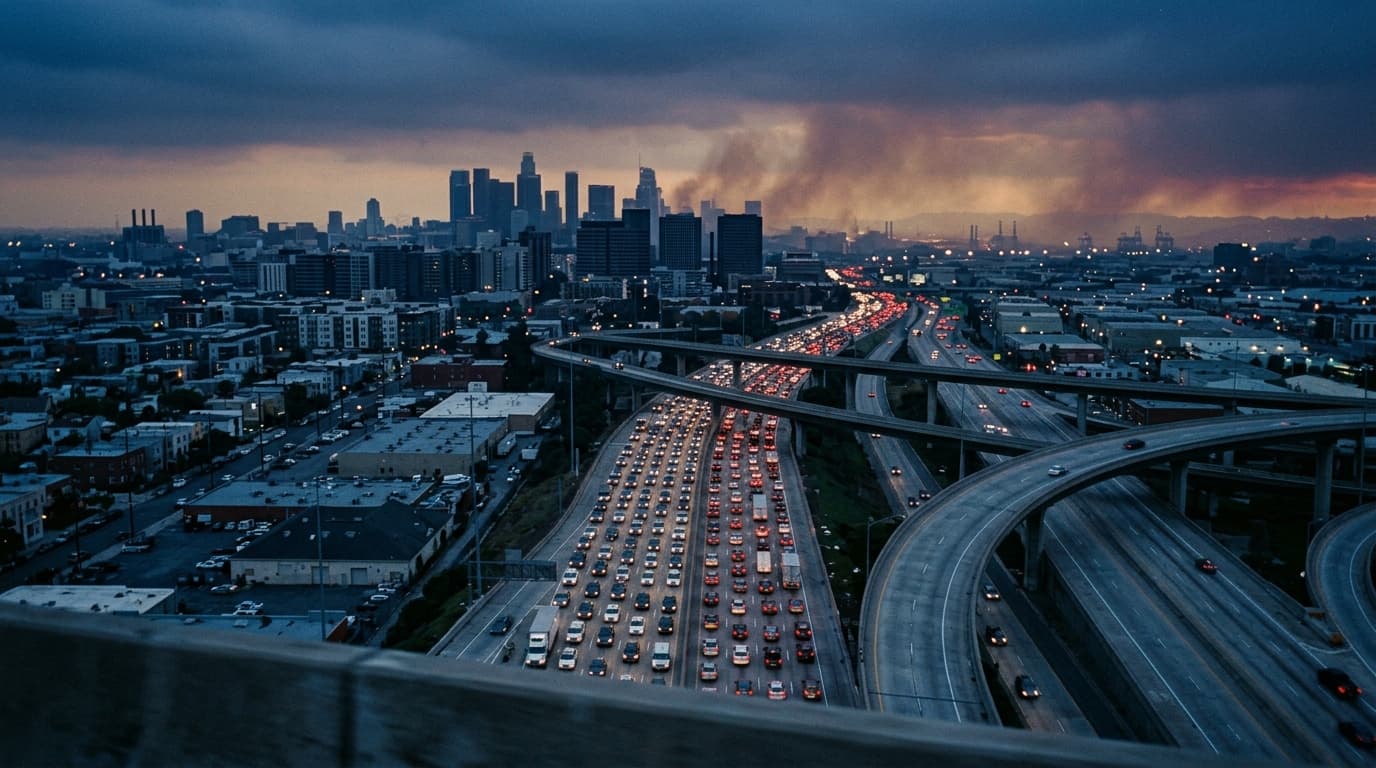 An overhead 35mm shot captures the I-84 interchange at dusk. The hazy, overcast morning light silhouettes the gridlocked c...