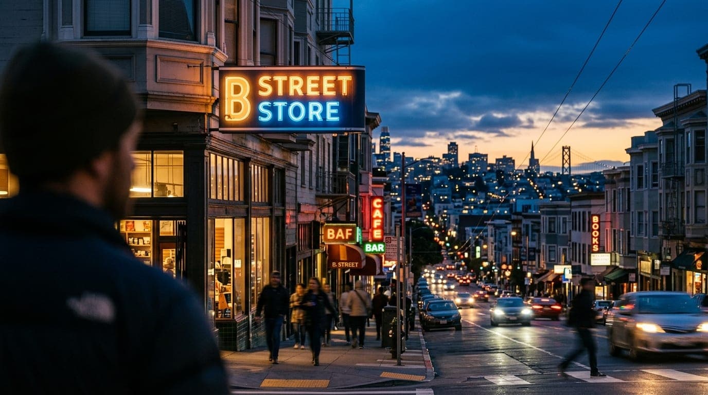 The glowing neon signage of a B Street storefront glows softly against the indigo twilight, captured with a shallow depth...