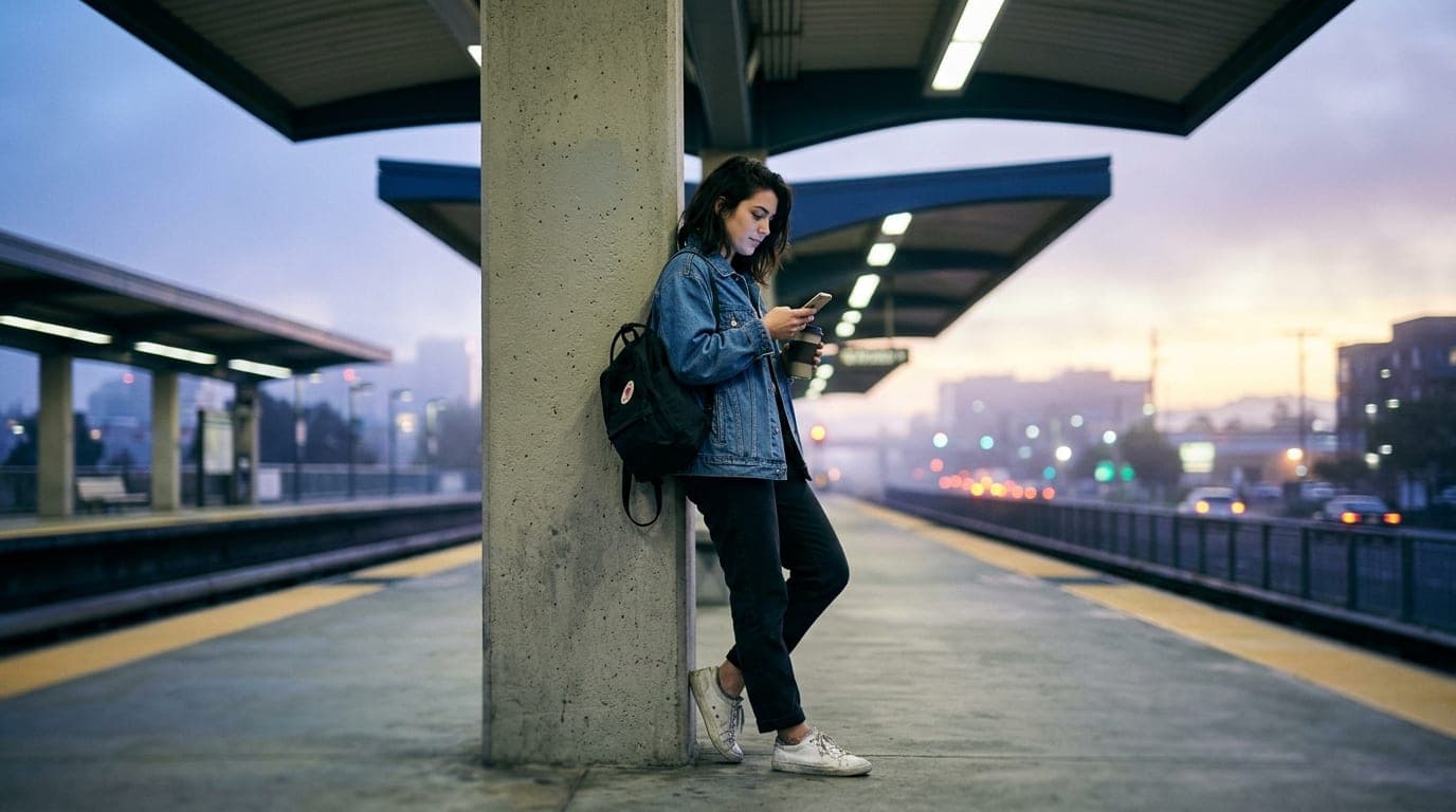 A low-angle, tilt-shift shot of a woman in a casual denim jacket leaning against a Hayward BART station pillar at midnight...