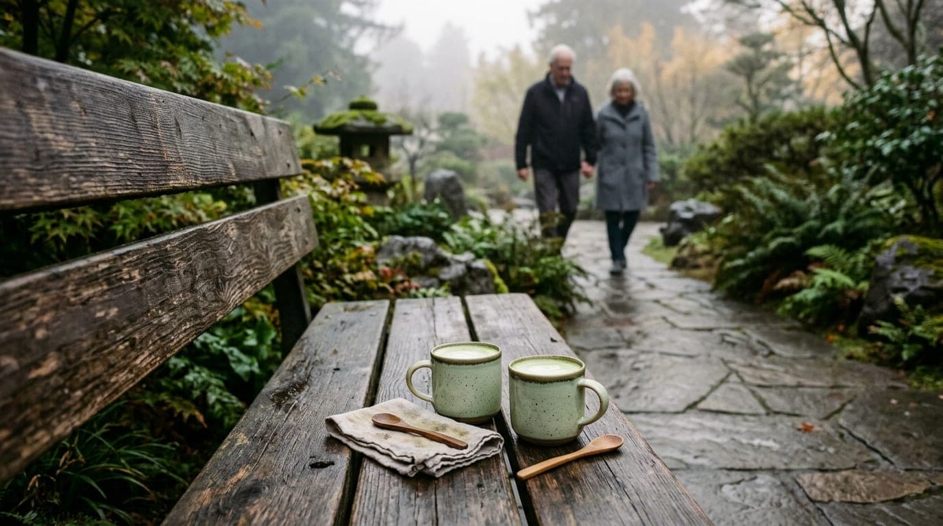 A 35mm documentary shot, overcast morning, showing two lukewarm matcha lattes on a weathered wooden park bench at the Hayw...