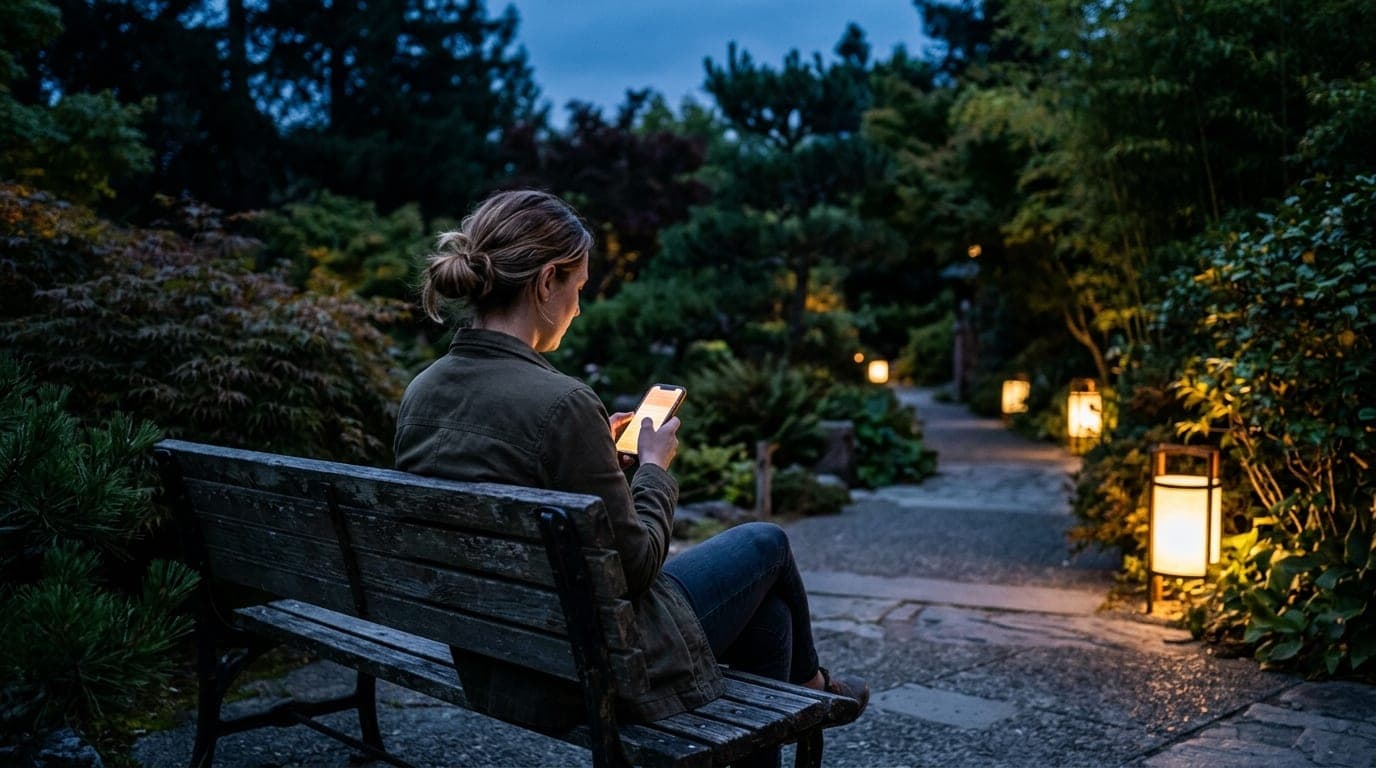 Over-the-shoulder 35mm shot at blue hour. A woman sits on a weathered Hayward Japanese Garden bench, holding a glowing sma...