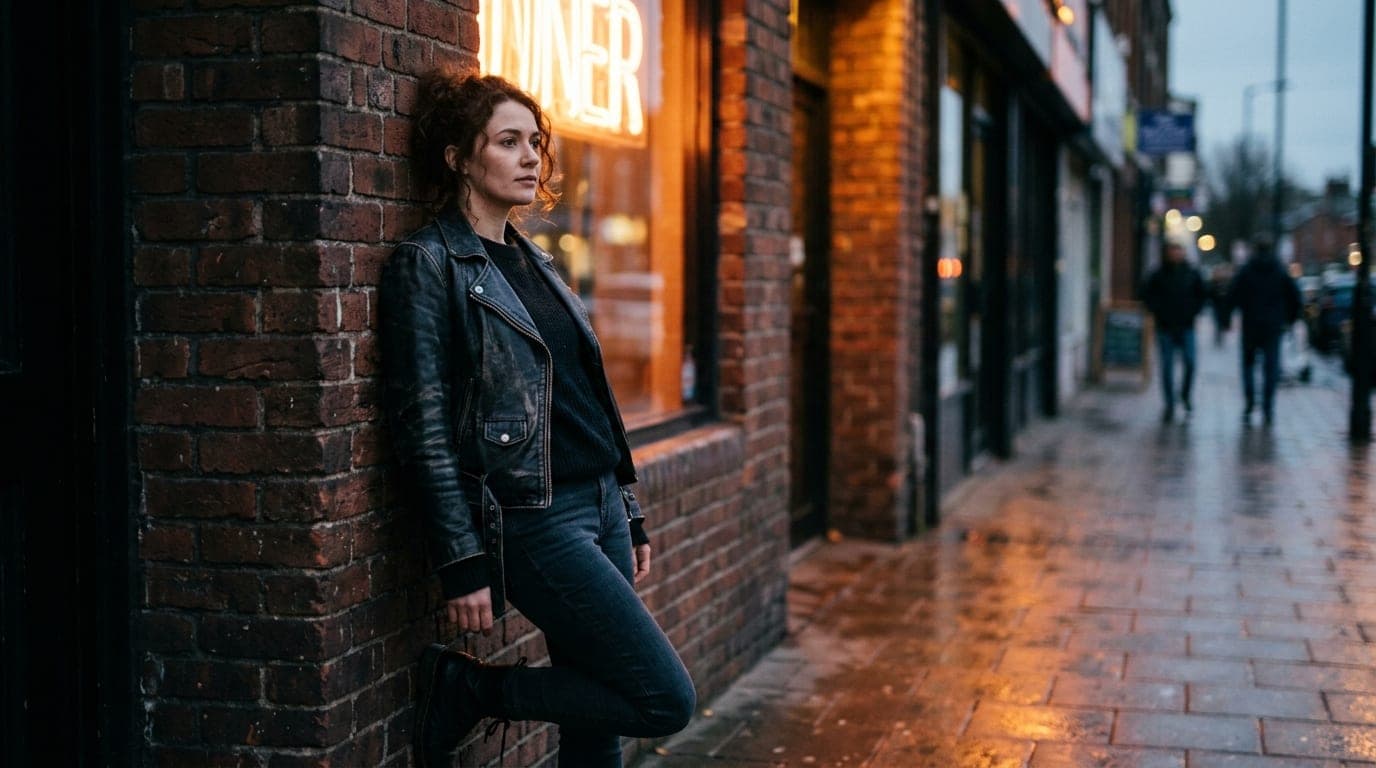 Low-angle 85mm shot of a woman in a black leather jacket leaning against the gritty brick exterior of The Dirty Bird. Neon...